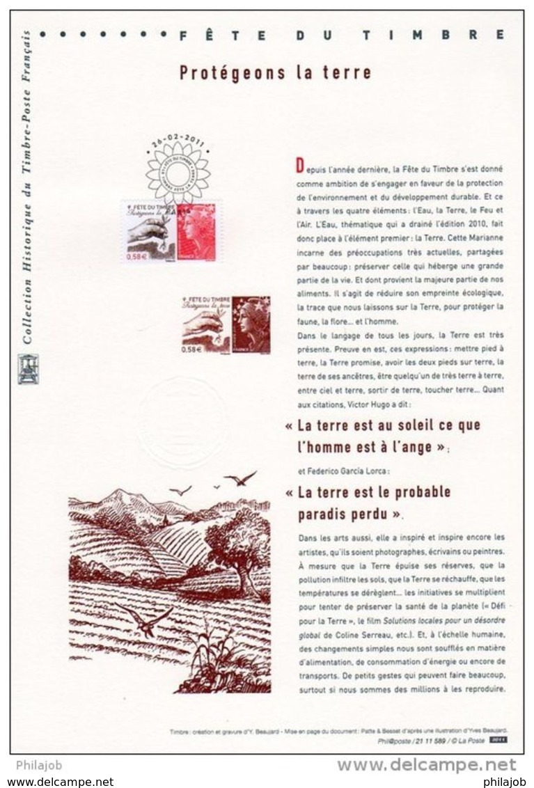 FRANCE 2011 : " PROTEGEONS LA TERRE / MARIANNE DE BEAUJARD " Sur Doc Officiel 1°Jour. N°YT 4534. Parf état. - Milieubescherming & Klimaat