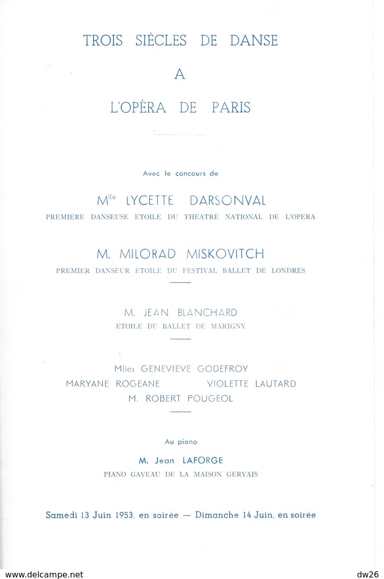 Programme: Trois Siècles De Danse à L'Opéra De Paris - Théâtre De Coutances, Chorégraphie Lycette Darsonval 1953 - Programas