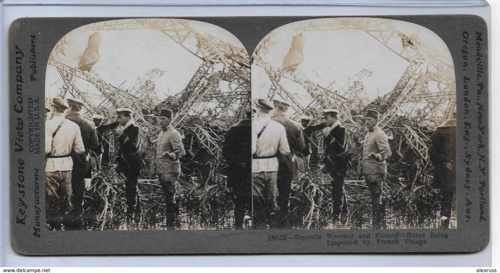 Keystone Photograph FRENCH TROOPS INSPECTING A WRECKED ZEPPELIN CRASH Card (RN-14) - Photographs