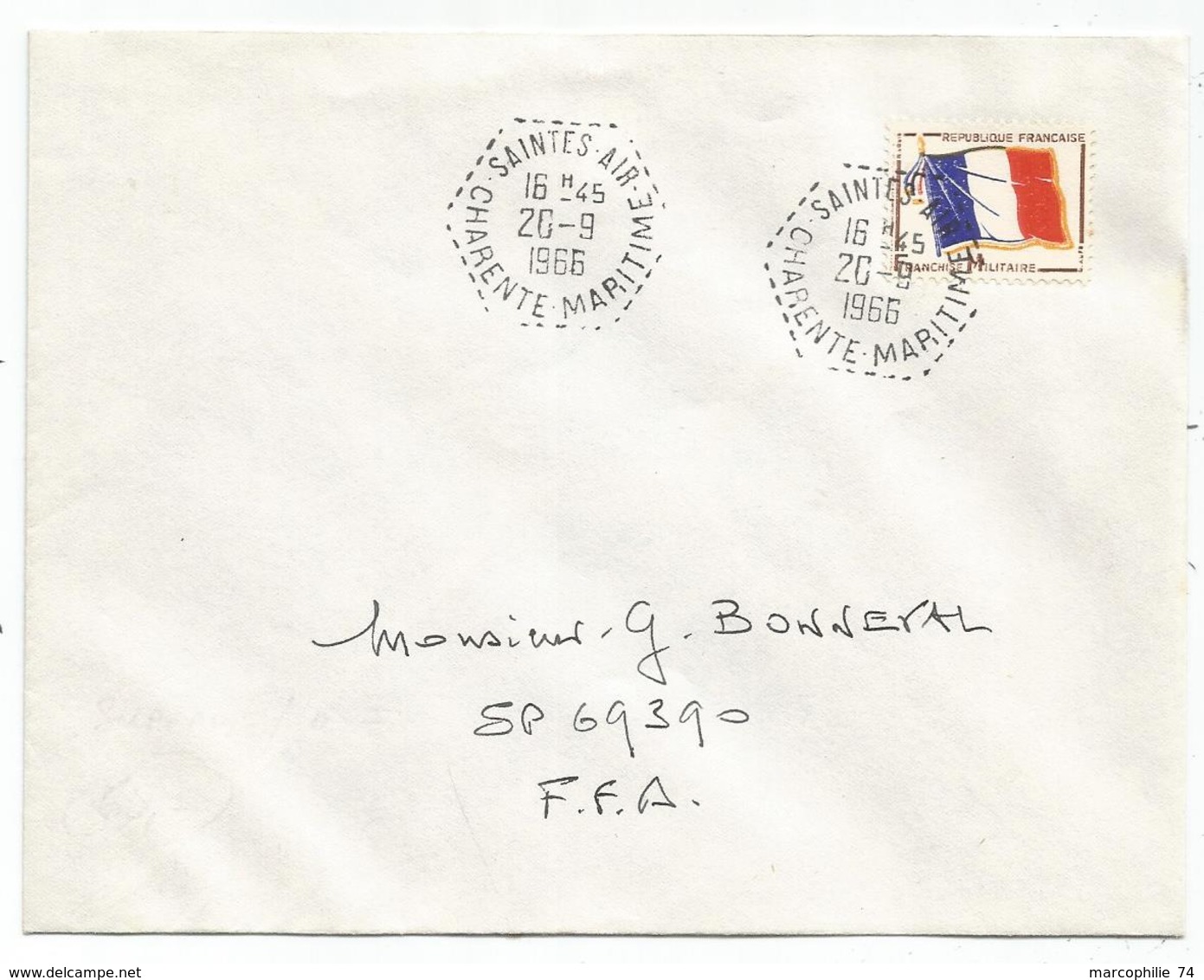 FM DRAPEAU LETTRE C. HEX PERLE SAINTES AIR 20.9.1966 CHARENTE MARITIME - Timbres De Franchise Militaire