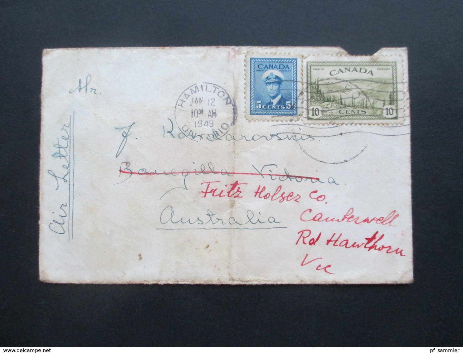 Kanada Hamilton 1949 Air Letter / Luftpost Nach Australien Und Dort Weitergeleitet! - Briefe U. Dokumente