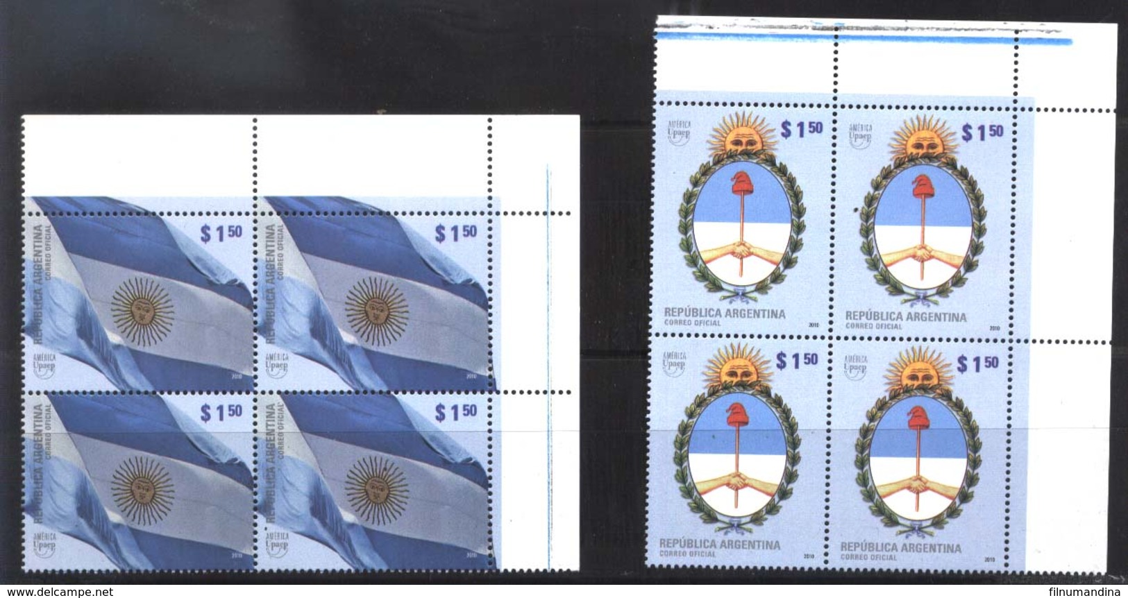 ARGENTINA ARGENTINE 2010 UPAEP AMERICA NATIONAL SYMBOLS DRAPEAUX,BLASON CUADRE,FLAG BLOC OF4YV 2835-6 Mi 3321-2 MNH - Ungebraucht