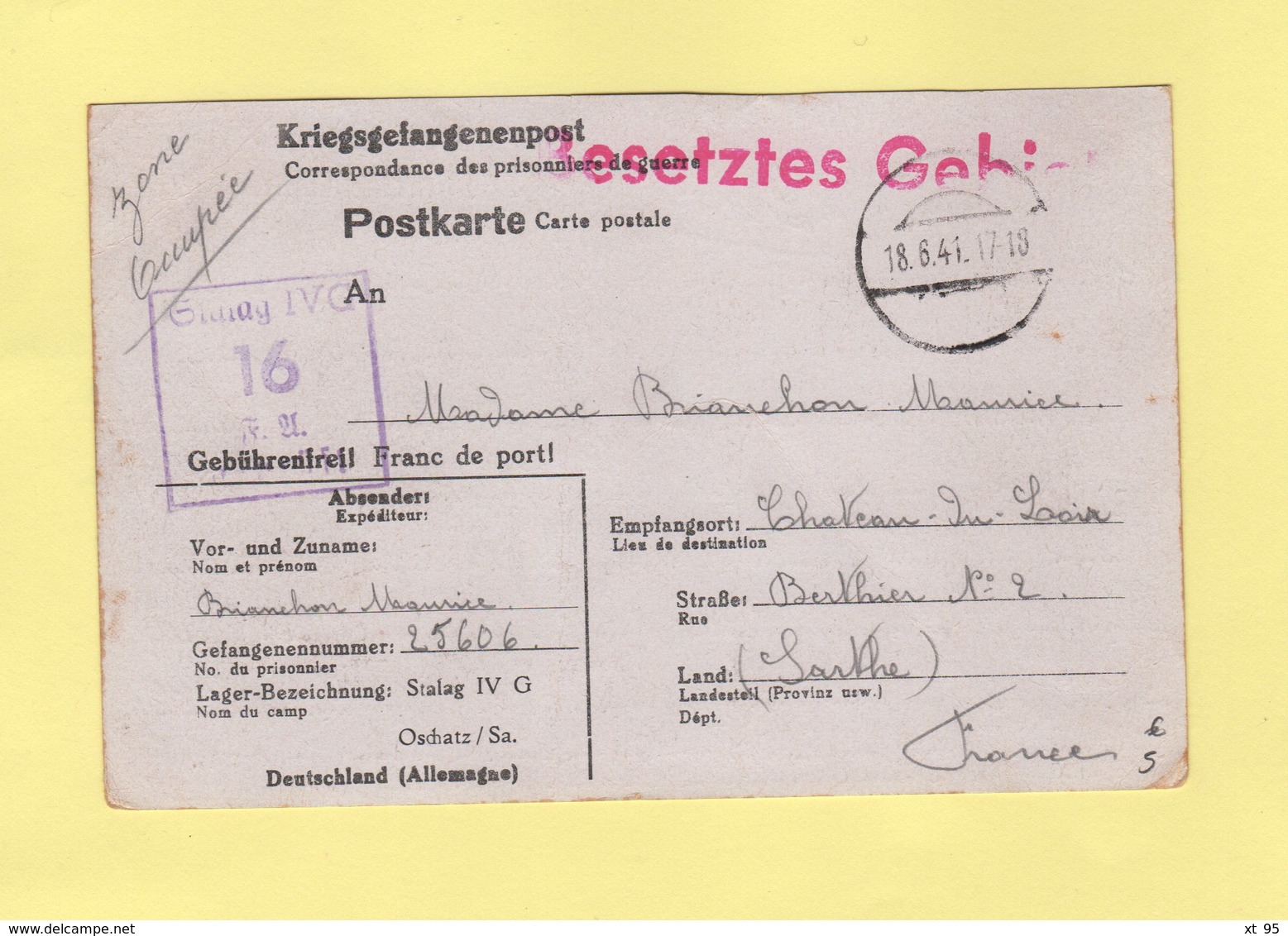 Correspondance De Prisonniers De Guerre - Stalag IV G - 18-6-1941 - Destination Sarthe - Guerre De 1939-45