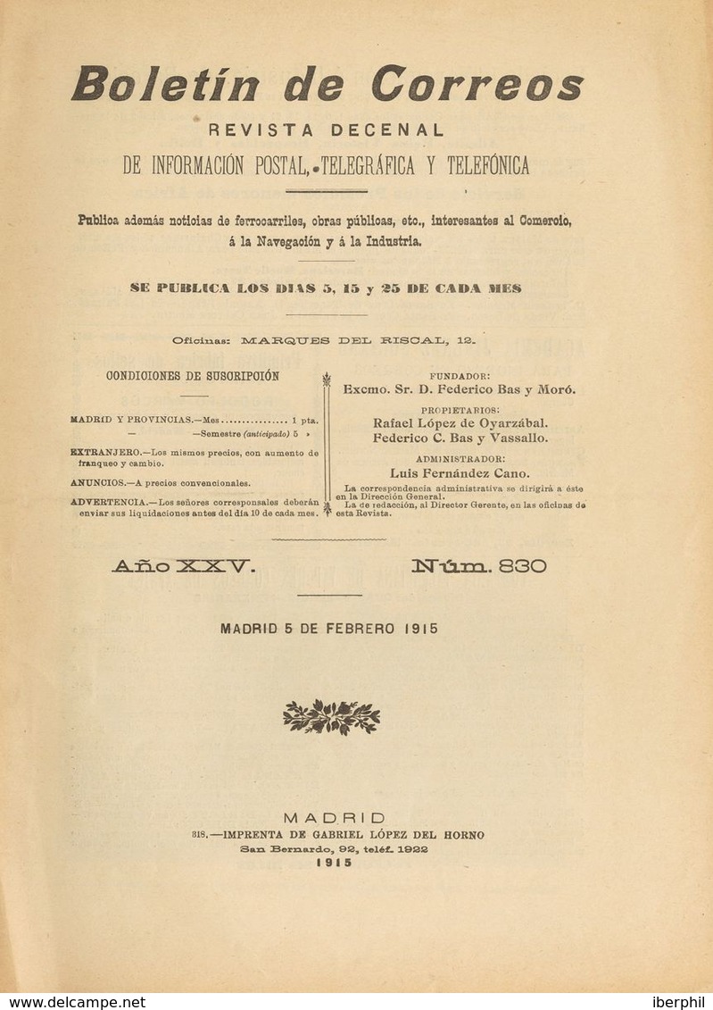 Bibliografía. 1915. BOLETIN DE CORREOS REVISTA DECENAL DE INFORMACION POSTAL, TELEGRAFICA Y TELEFONICA. Madrid, Febrero  - Non Classés