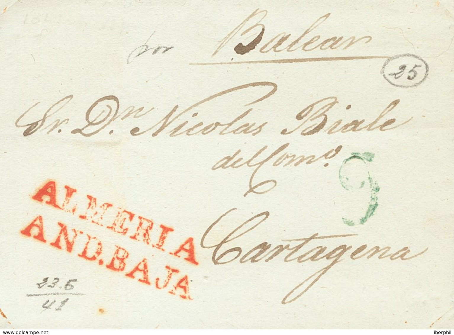 Prefilatelia, Andalucía. Sobre. 1841. ALMERIA A CARTAGENA. Marca ALMERIA / AND. BAJA, En Rojo (P.E.7) Edición 2004 Y Man - ...-1850 Prefilatelia