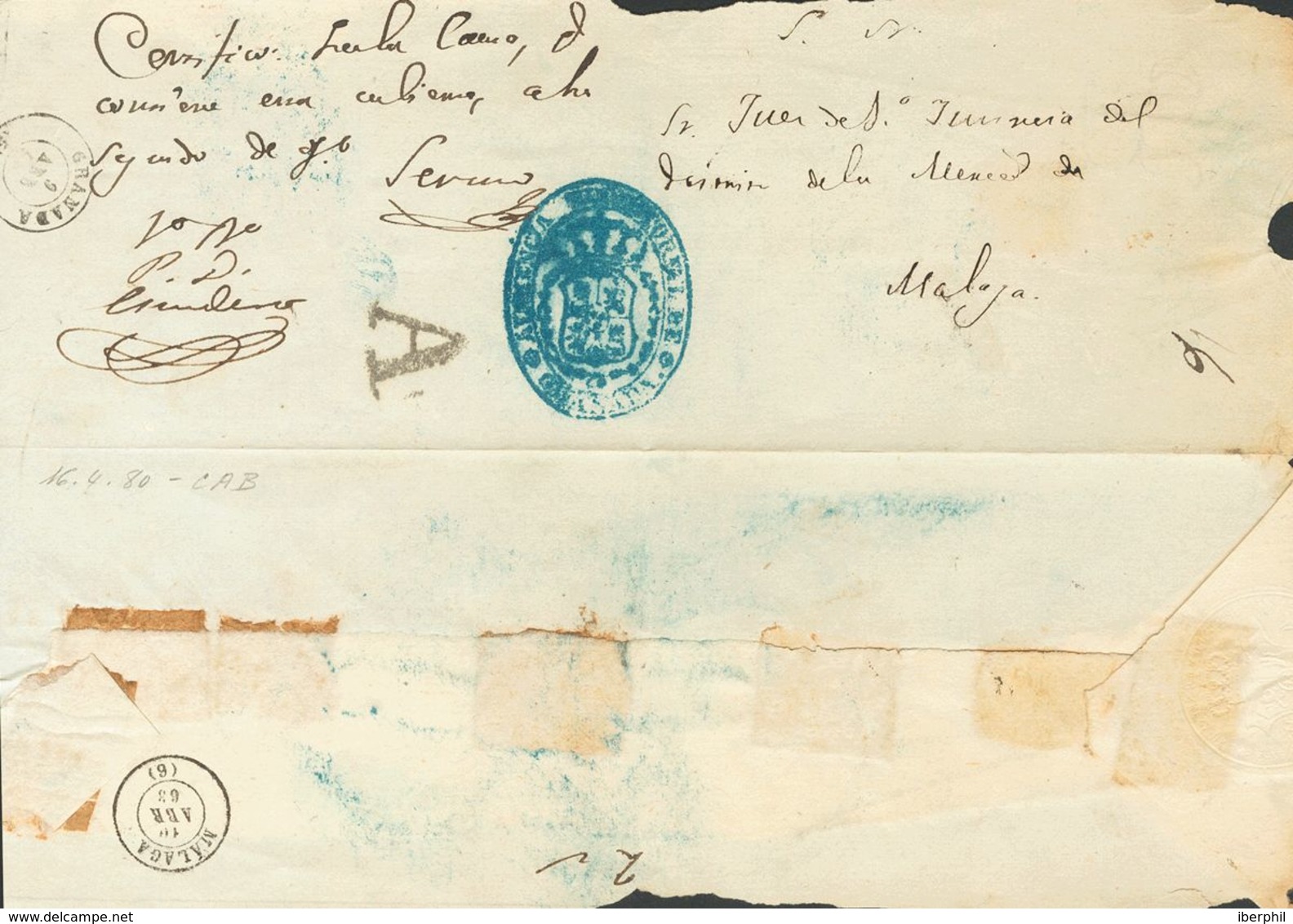 Prefilatelia, Andalucía. Sobre. 1863. Plica Judicial De GRANADA A MALAGA. Marca "A" De Abono, En Negro De Granada (P.E.3 - ...-1850 Prephilately