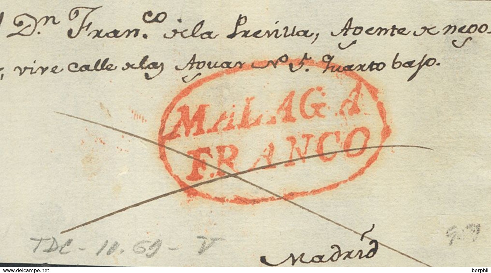 Prefilatelia, Andalucía. Sobre. (1830ca). Frontal De MALAGA A MADRID. Marca MALAGA / FRANCO (P.E.20) Edición 2004. MAGNI - ...-1850 Prefilatelia