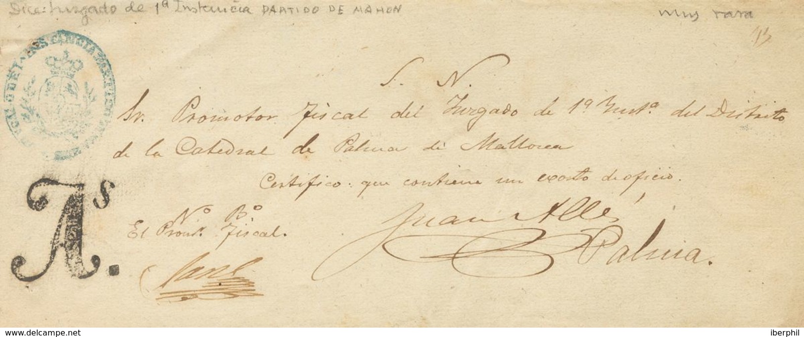 Prefilatelia, Baleares. Sobre. (1868ca). Plica Judicial De MAHON A PALMA DE MALLORCA. Marca "As", De Abono En Negro (P.E - ...-1850 Prephilately