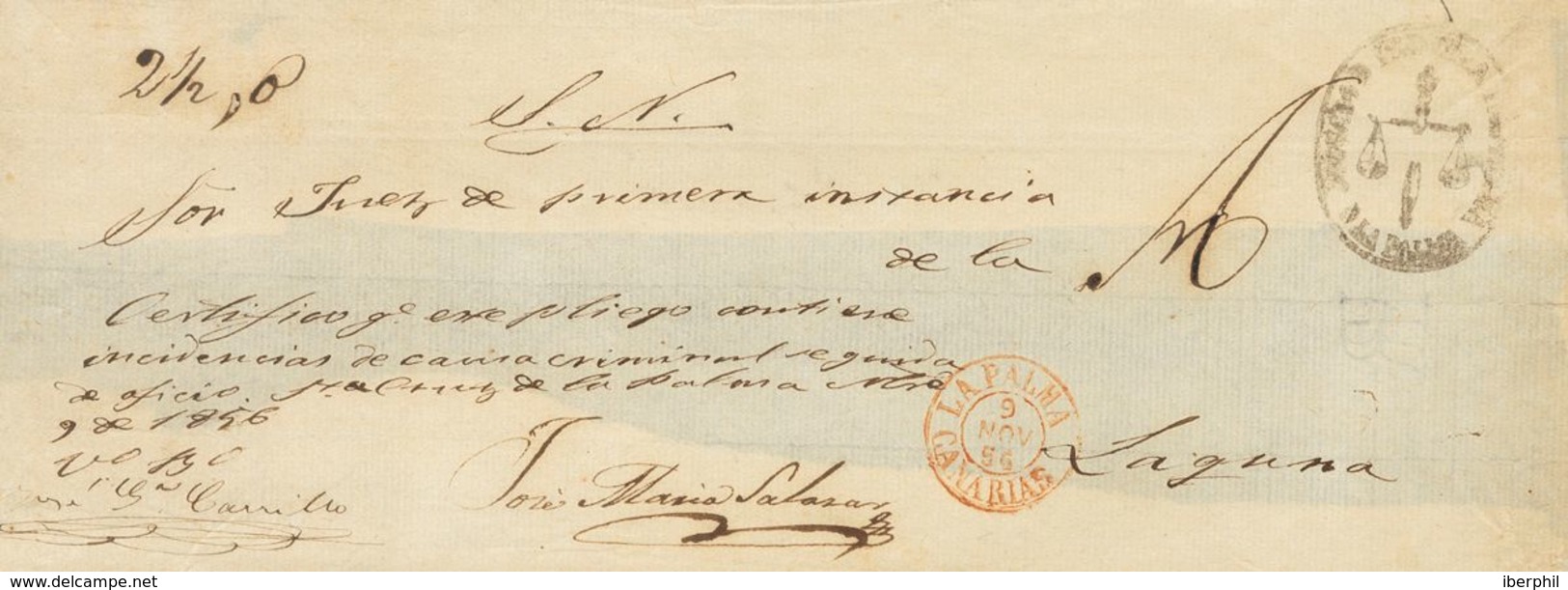 Prefilatelia, Canarias. Sobre. 1856. Plica Judicial De LA PALMA A LA LAGUNA. Marca "A", De Abono Manuscrita, Según Tizón - ...-1850 Prefilatelia