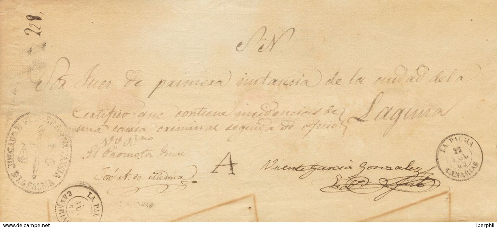 Prefilatelia, Canarias. Sobre. 1862. Frente De Plica Judicial De LA PALMA A LA LAGUNA. Marca "A", De Abono Manuscrita, S - ...-1850 Voorfilatelie