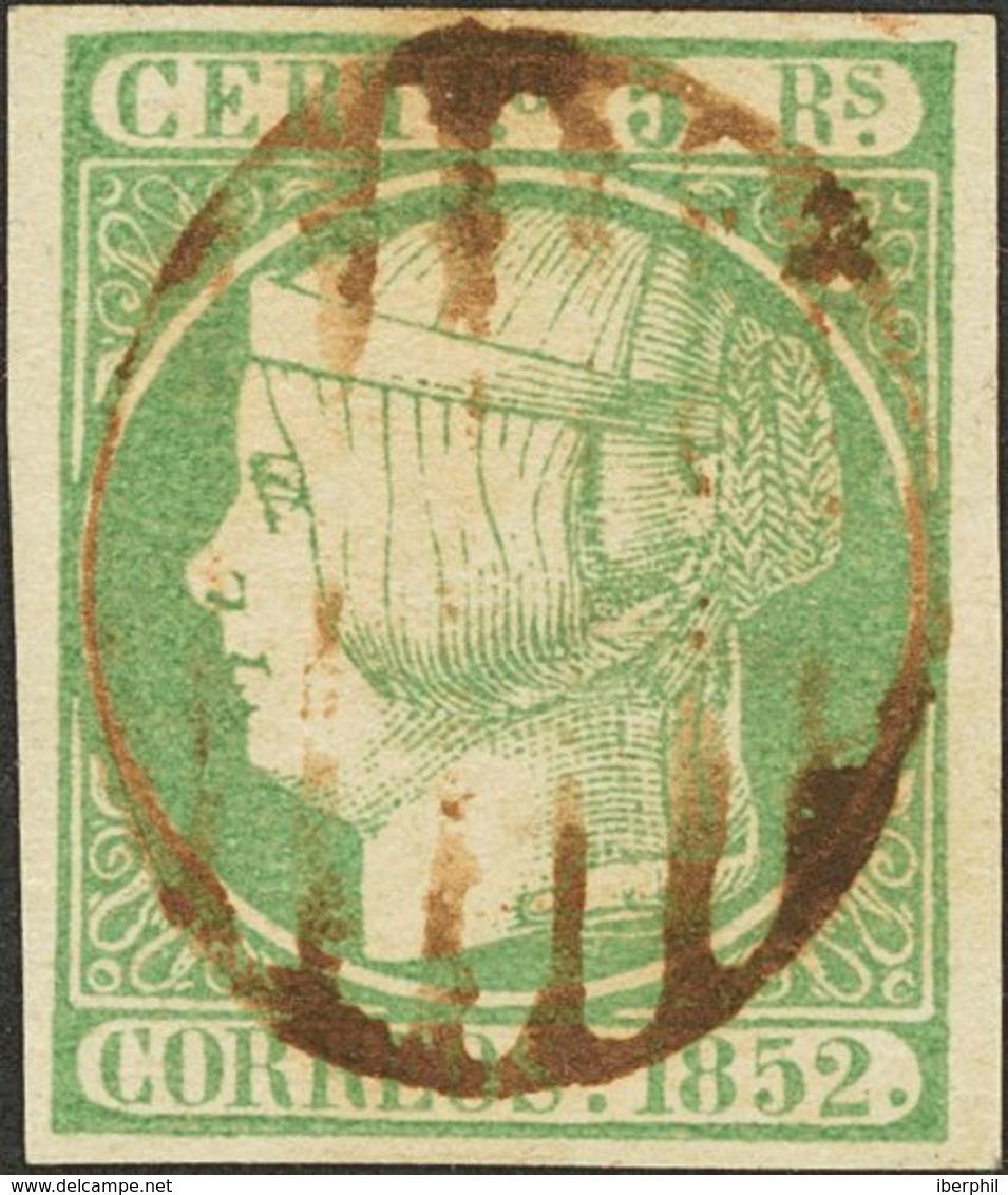 1º Y 2º Centenario. º15. 1852. 5 Reales Verde. Matasello PARRILLA, En Tinta De Escribir. MAGNIFICO. Cert. COMEX. - Andere & Zonder Classificatie