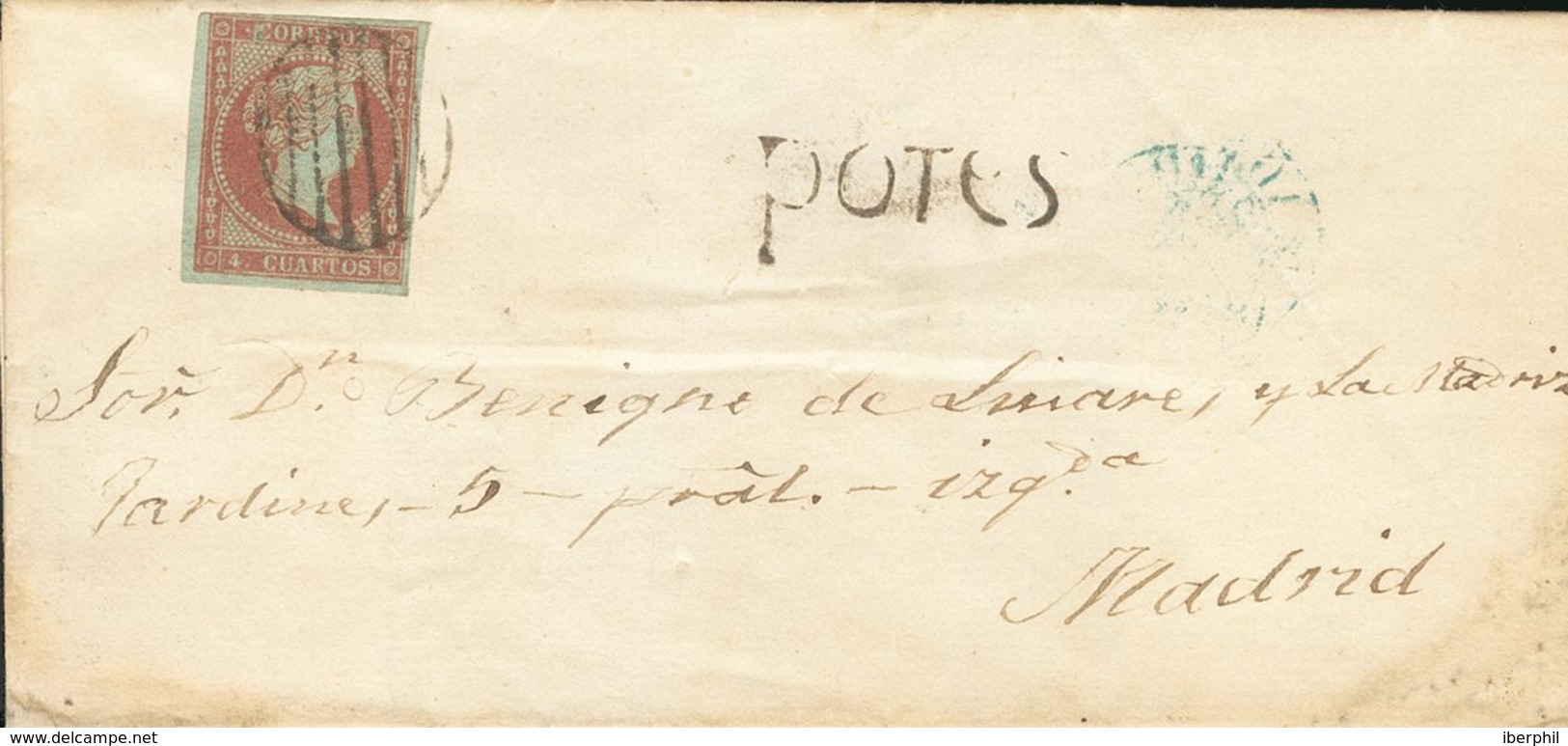 1º Y 2º Centenario. Sobre 40. 1855. 4 Cuartos Rojo. POTES A MADRID. En El Frente Marca Prefilatélica POTES, En Negro. MA - Andere & Zonder Classificatie