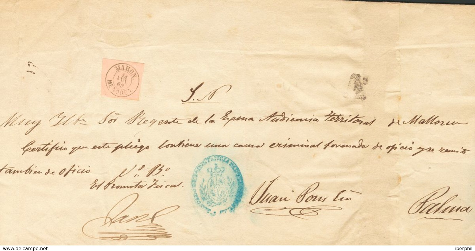 1º Y 2º Centenario. Sobre. 1863. Fechador MAHON / MENORCA Sobre Borde De Hoja De Un Sello De La Emisión De 1862, Utiliza - Andere & Zonder Classificatie