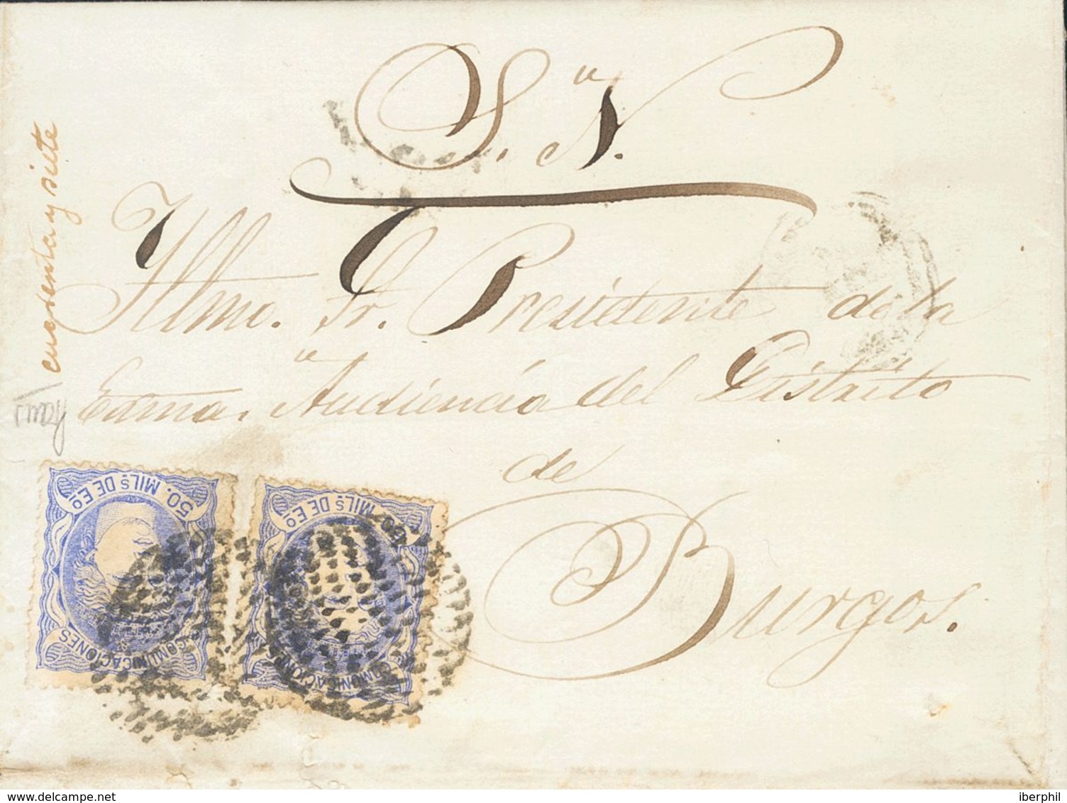 1º Y 2º Centenario. Sobre 107(2). (1870ca). 50 Mils Ultramar, Dos Sellos. Dirigida A BURGOS. Matasello CIRCULO DE PUNTOS - Andere & Zonder Classificatie