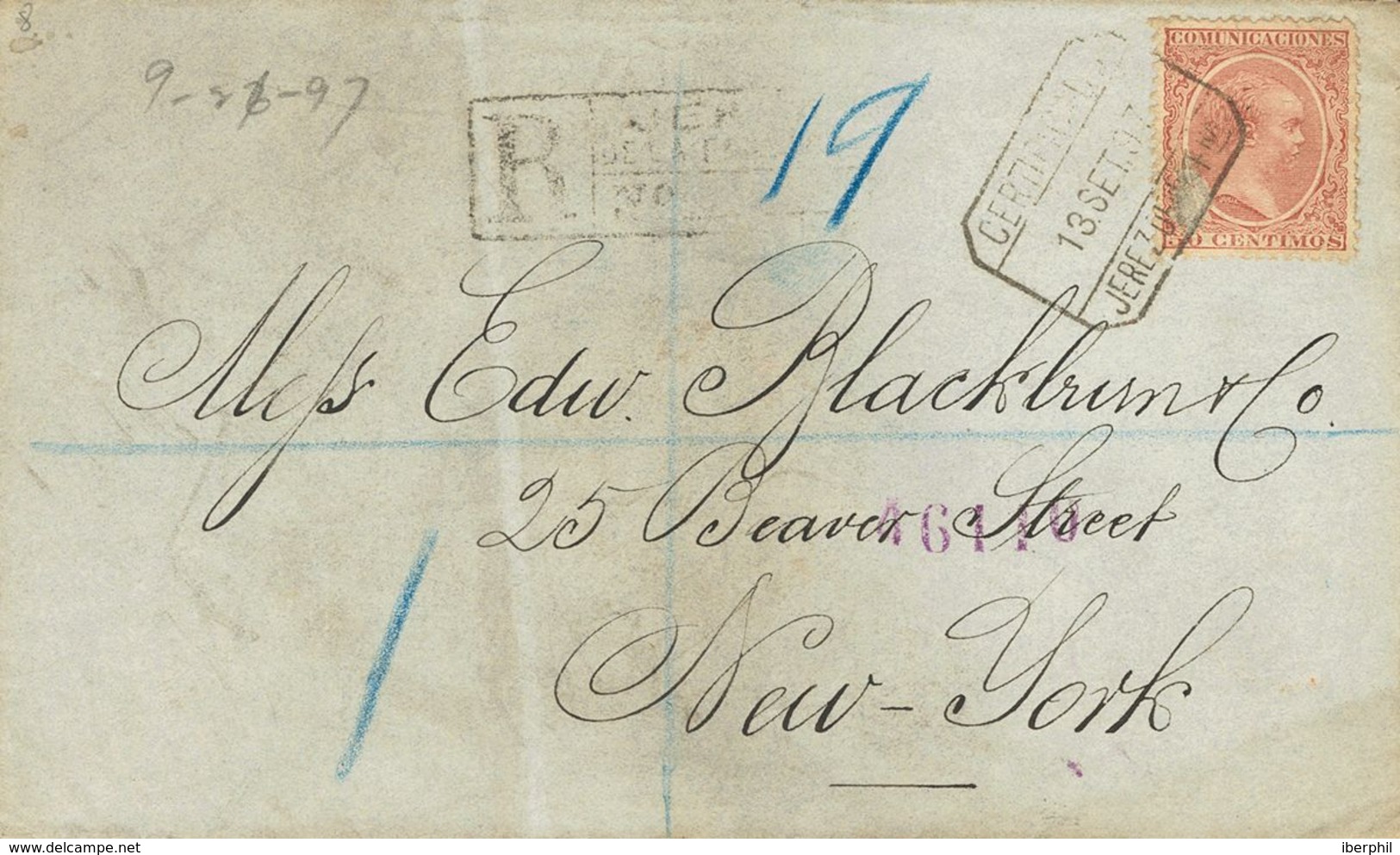 1º Y 2º Centenario. Sobre 224. 1897. 50 Cts Rosa. Certificado De JEREZ A NUEVA YORK (USA). Al Dorso Llegada. MAGNIFICA. - Andere & Zonder Classificatie