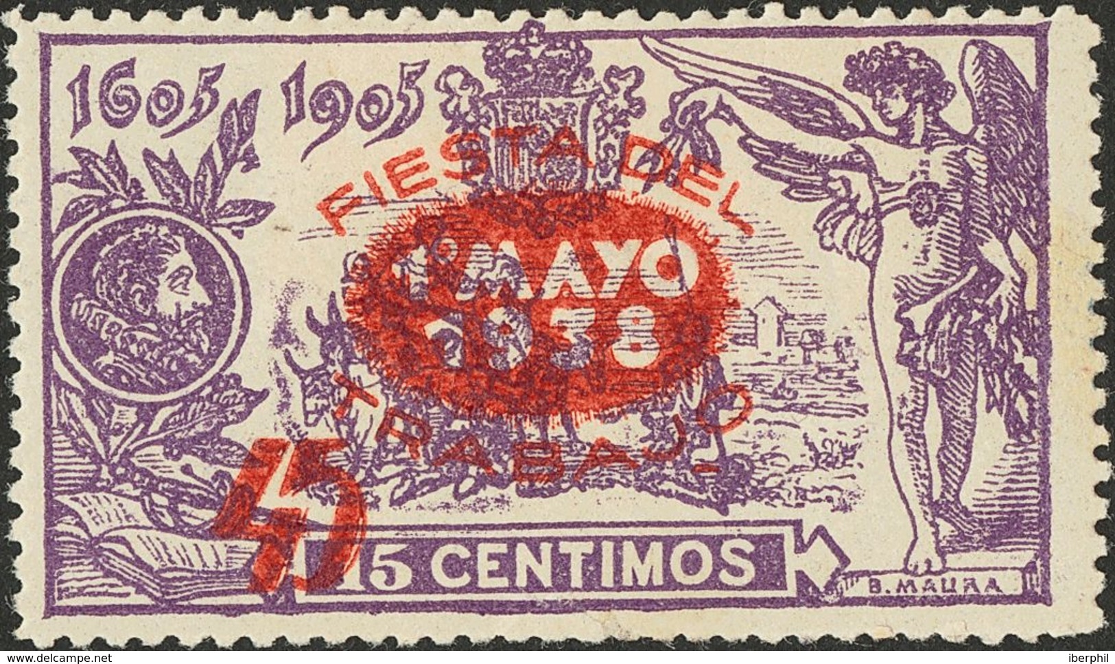 1º Y 2º Centenario. *761hcc. 1938. 45 Cts Sobre 15 Cts Violeta (NºA022.999). CAMBIO DE COLOR EN LA SOBRECARGA, En Rojo.  - Altri & Non Classificati