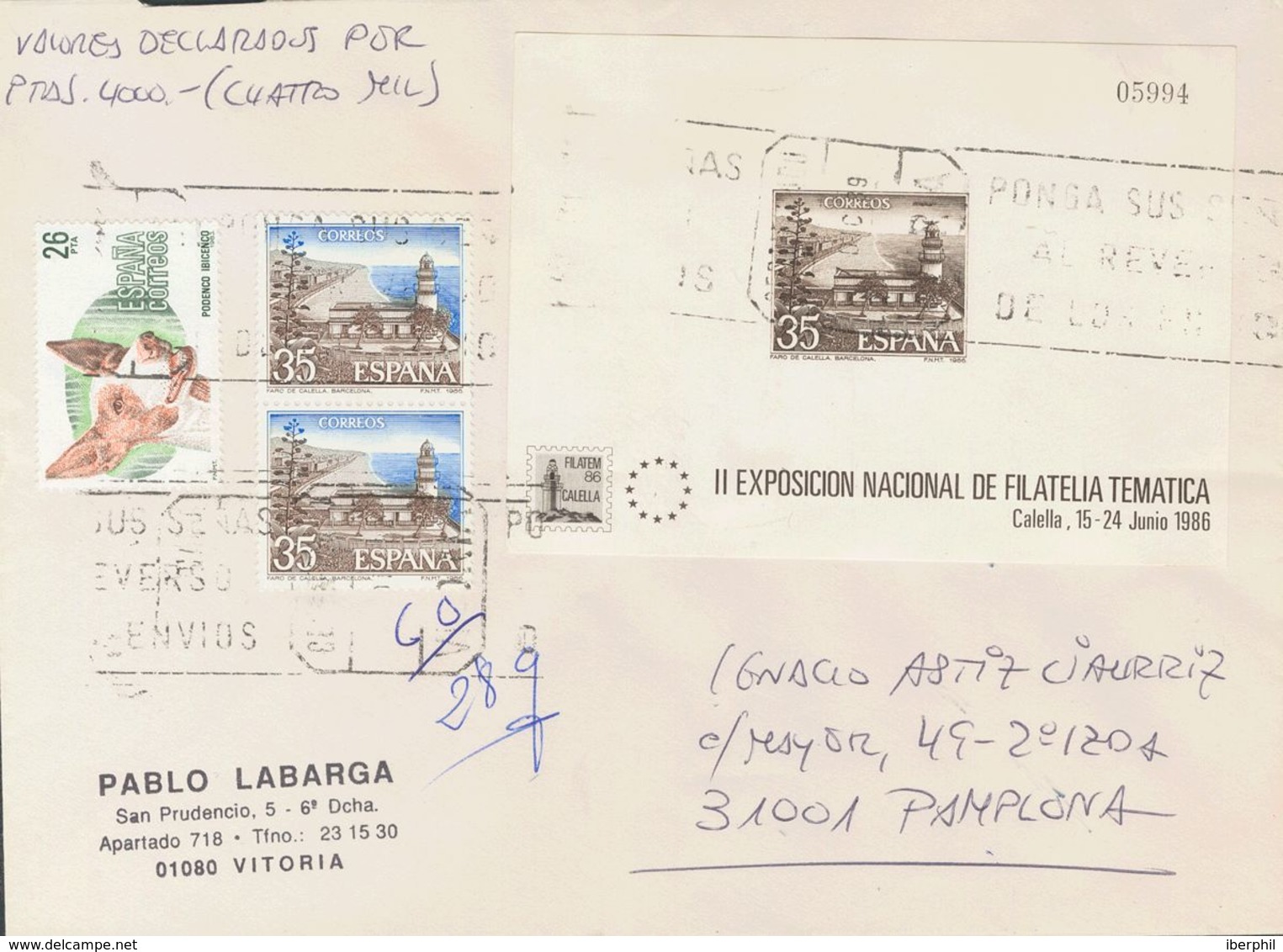 Pruebas De Lujo. Sobre 9P. 1989. Prueba De Lujo. FILATEM 86 CALELLA Y Diversos Valores. Certificado De VITORIA A PAMPLON - Errors & Oddities