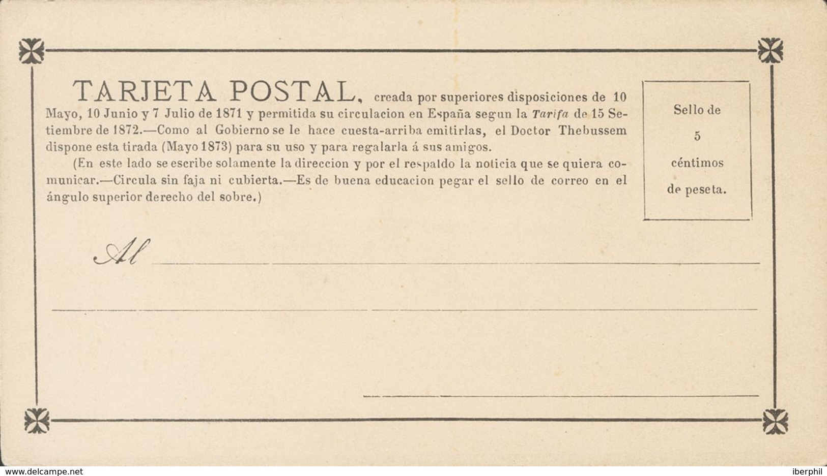 Entero Postal. (*)EPPR3. 1873. 5 Cts Negro. TARJETA POSTAL PROVISORIA (Thebussem Con "m" Y Sin Pie De Imprenta). MAGNIFI - Andere & Zonder Classificatie