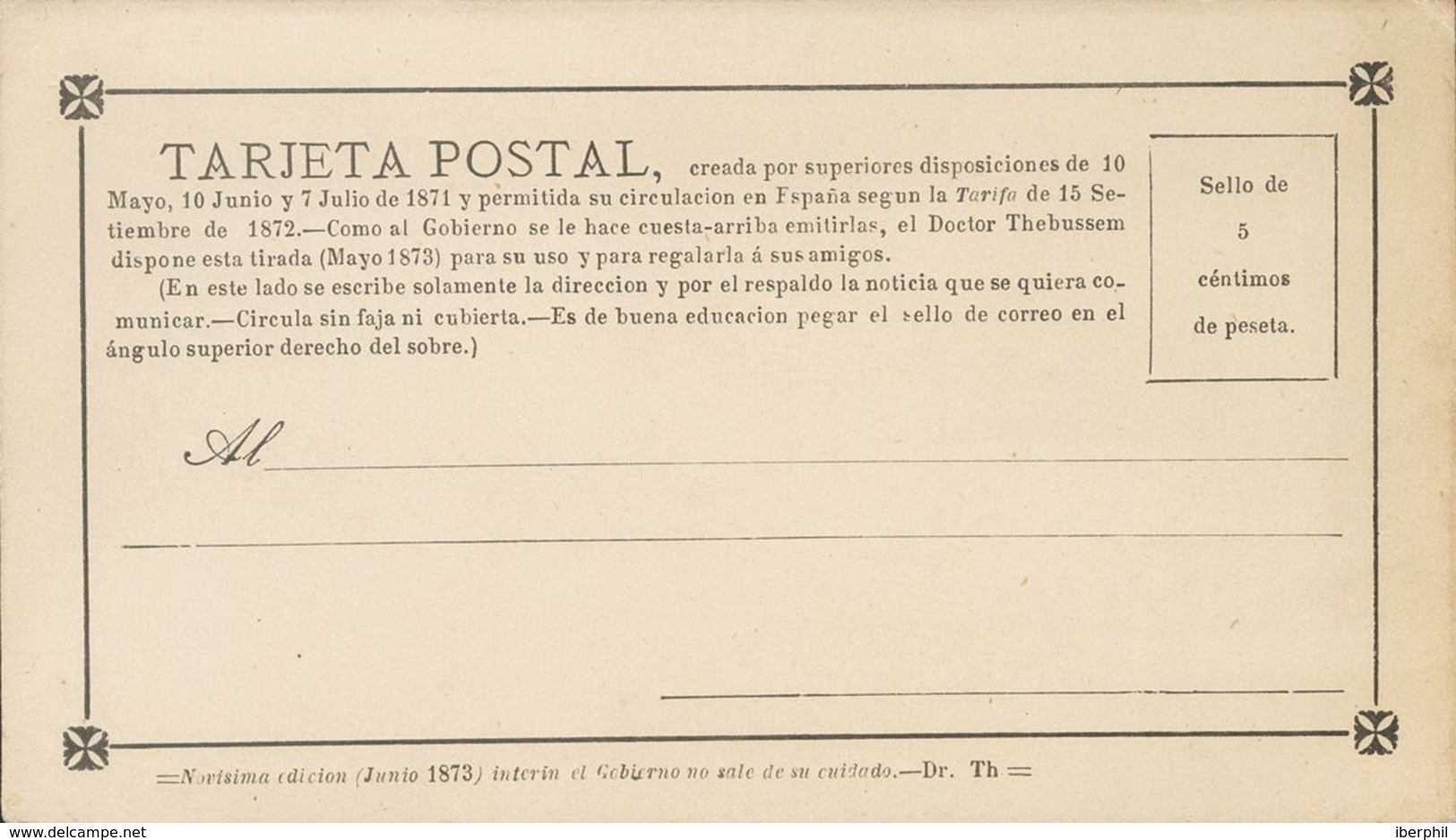 Entero Postal. (*)EPPR4. 1873. 5 Cts Negro. TARJETA POSTAL PROVISORIA "Novísima Edición (Junio 1873), Interín El Gobiern - Andere & Zonder Classificatie