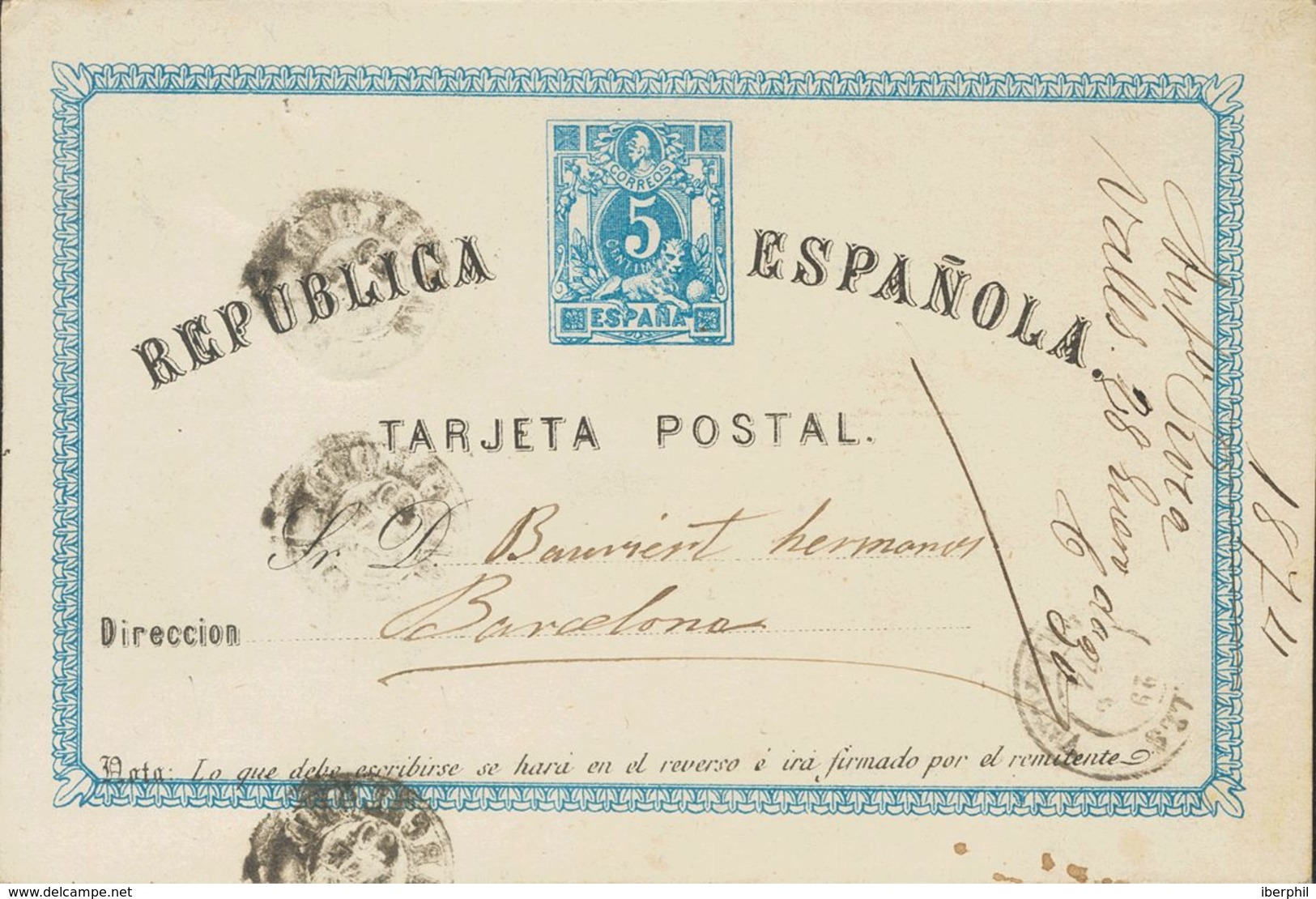 Entero Postal. Sobre EP1eb. 1874. 5 Cts Azul Sobre Tarjeta Entero Postal TEXTO DESPLAZADO A LA IZQUIERDA. VALLS A BARCEL - Andere & Zonder Classificatie