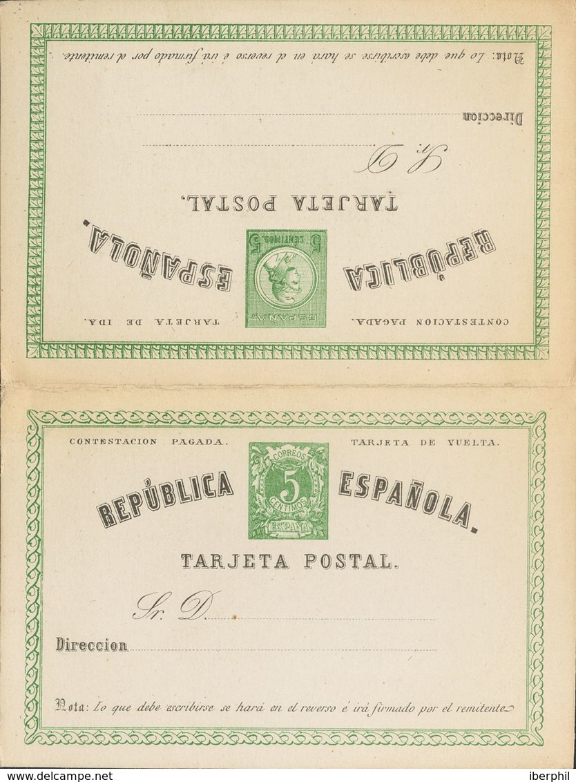 Entero Postal. (*)EP2. 1873. 5 Cts+5 Cts Verde Y Negro Sobre Tarjeta Entero Postal, De Ida Y Vuelta. MAGNIFICA. Edifil 2 - Andere & Zonder Classificatie