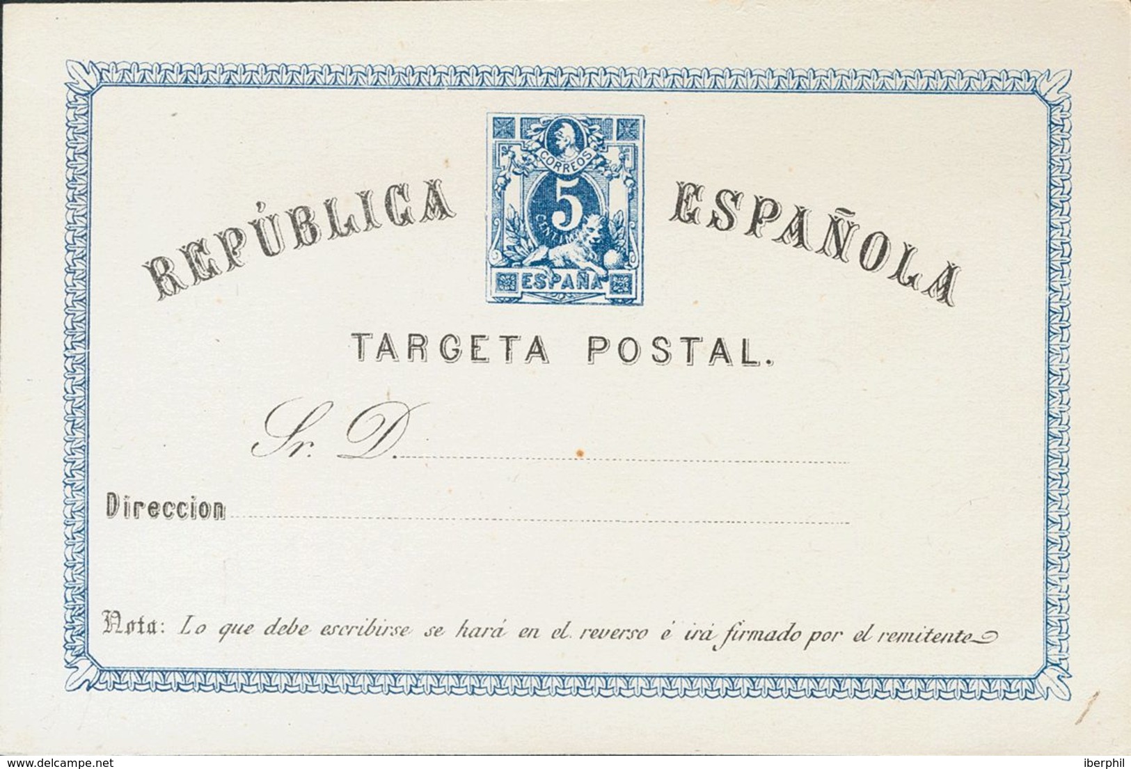 Entero Postal. (*)EP5. 1873. 5 Cts Azul Y Negro Sobre Tarjeta Entero Postal. MAGNIFICA. Edifil 2020: 66 Euros - Andere & Zonder Classificatie