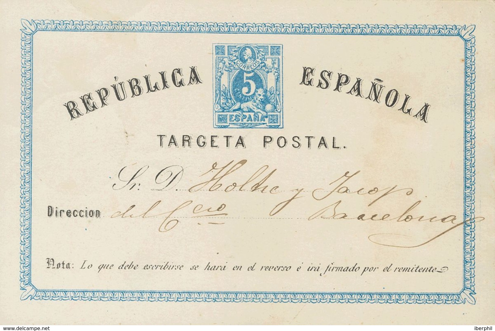 Entero Postal. Sobre EP5. 1874. 5 Cts Azul Sobre Tarjeta Entero Postal De VALLS A BARCELONA. Muestras De Tejido Adherida - Andere & Zonder Classificatie