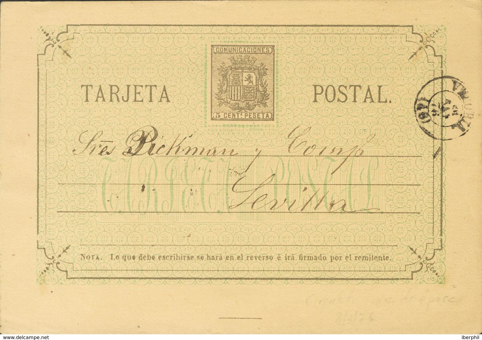 Entero Postal. Sobre EP7A. 1876. 5 Cts Castaño Oliva Sobre Tarjeta Entero Postal De VITORIA A SEVILLA. MAGNIFICA Y RARA  - Andere & Zonder Classificatie