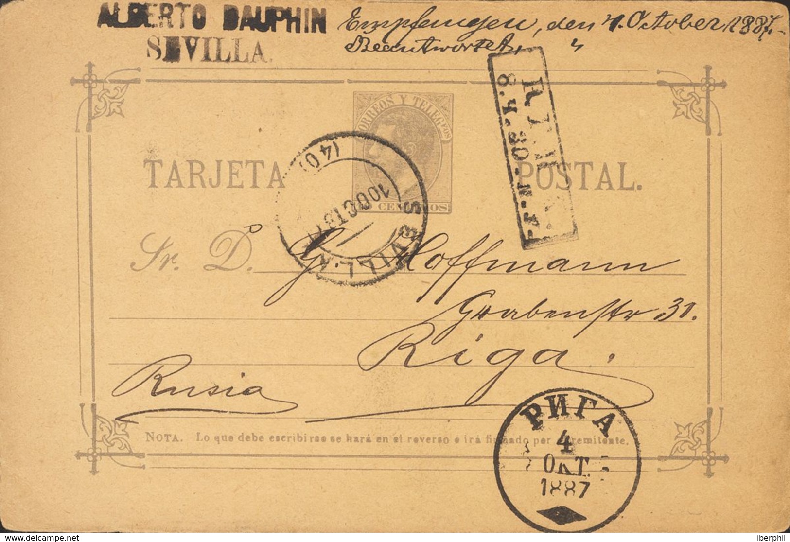 Entero Postal. Sobre EP11. 1887. 10 Cts Violeta Gris (Tipo II) Sobre Tarjeta Entero Postal De SEVILLA A RIGA (LETONIA).  - Andere & Zonder Classificatie