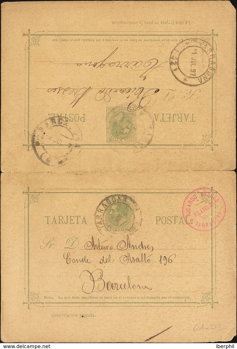 Entero Postal. Sobre EP12. 1897. 15 Cts+15 Cts Verde Sobre Tarjeta Entero Postal De Ida Y Vuelta, La Ida De BARCELONA A  - Andere & Zonder Classificatie