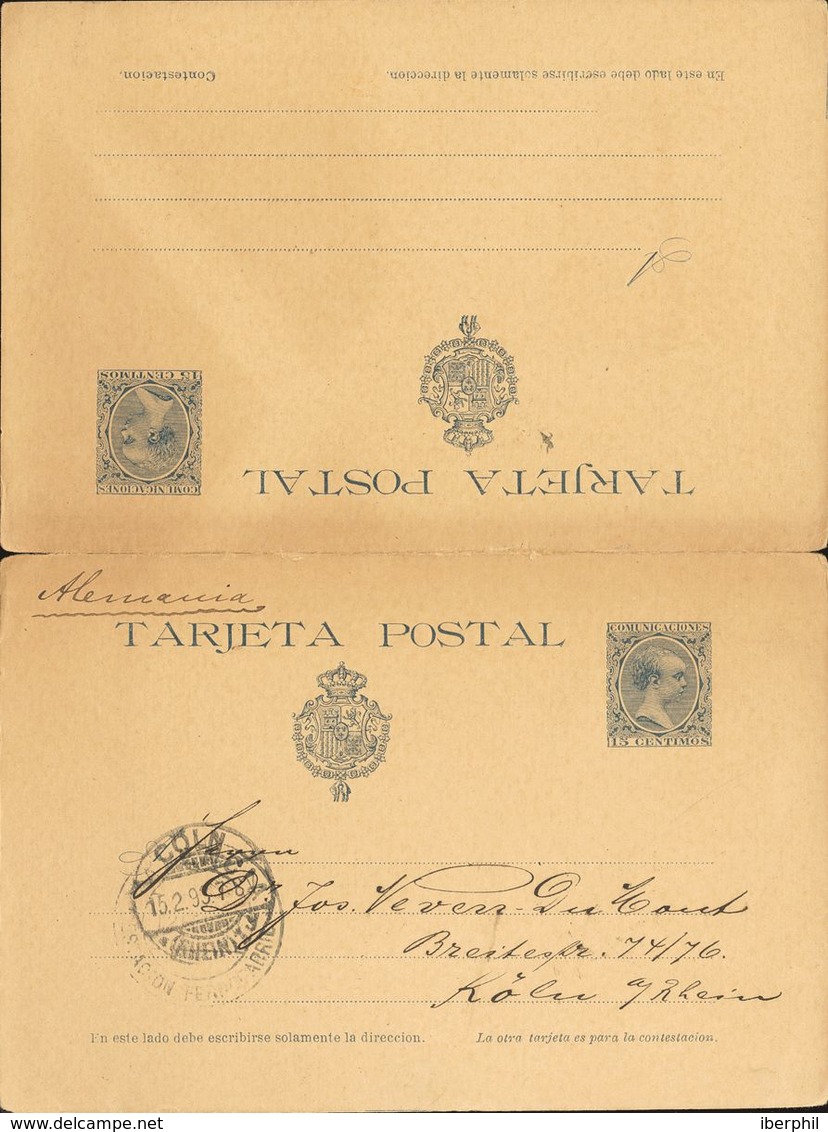 Entero Postal. Sobre EP28. 1893. 15 Cts+15 Cts Azul Sobre Tarjeta Entero Postal De Ida Y Vuelta, La Ida Circulada De VAL - Andere & Zonder Classificatie