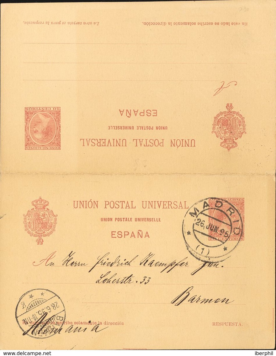 Entero Postal. Sobre EP33. 1895. 10 Cts+10 Cts Carmín Sobre Tarjeta Entero Postal De Ida Y Vuelta, La Vuelta Circulada D - Altri & Non Classificati