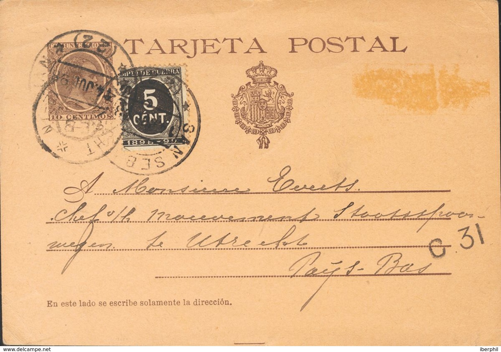 Entero Postal. Sobre EP36, 23. 1898. 10 Cts Castaño Sobre Tarjeta Entero Postal De SAN SEBASTIAN A UTRECH (HOLANDA), Con - Andere & Zonder Classificatie