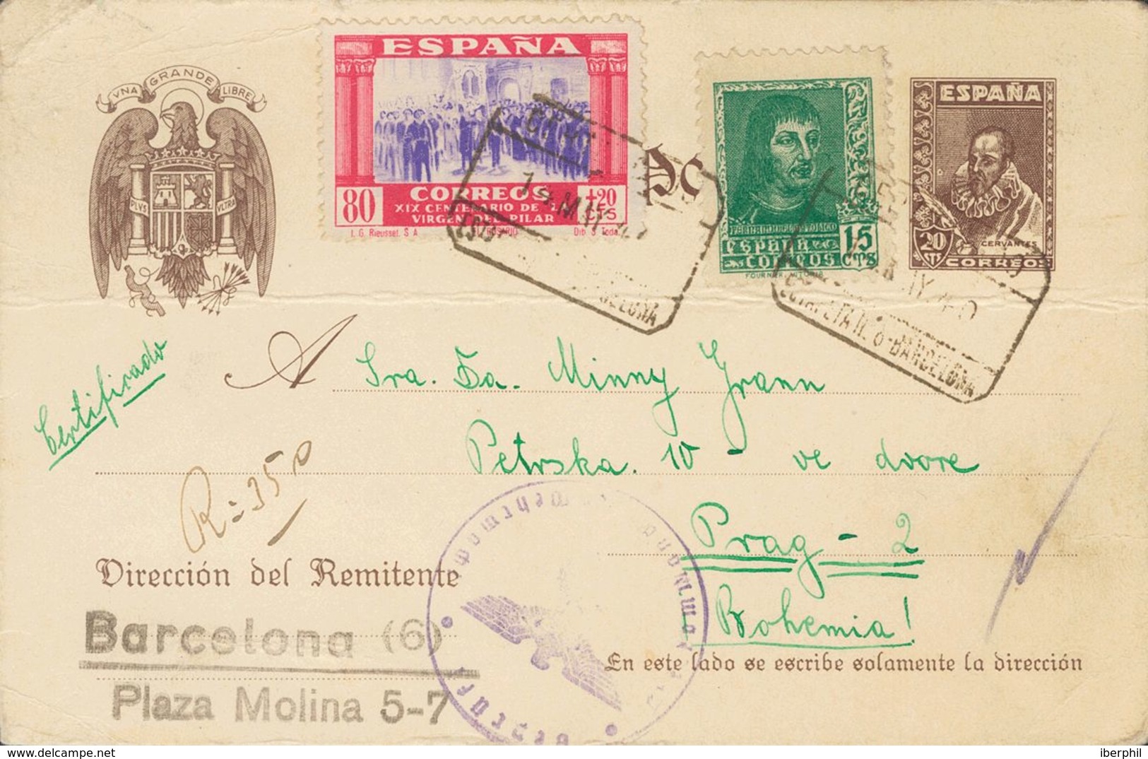 Entero Postal. Sobre EP86, 841, 896. 1940. 20 Cts Castaño Sobre Tarjeta Entero Postal Certificada De BARCELONA A PRAGA ( - Andere & Zonder Classificatie