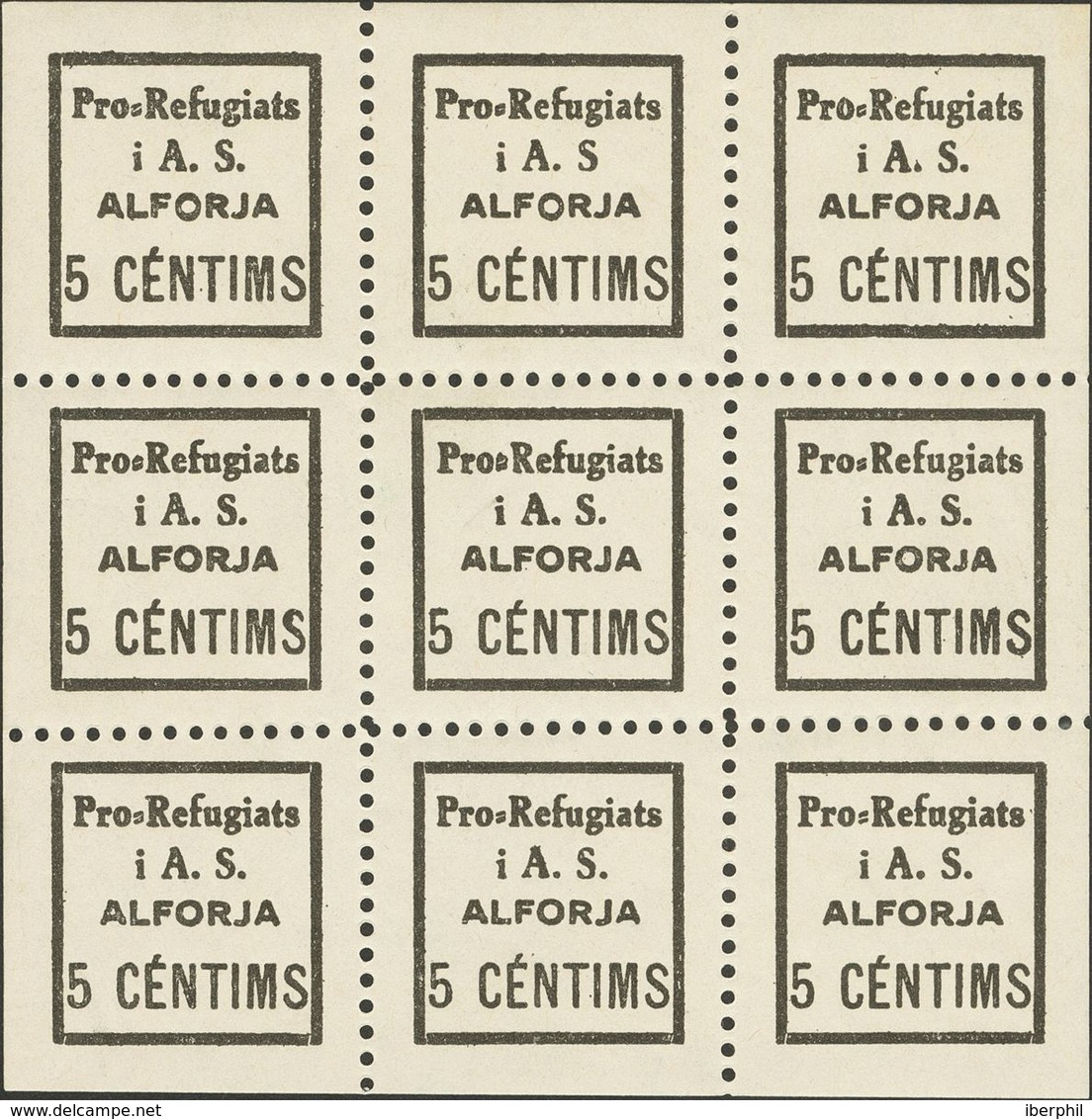 Guerra Civil, Locales. **. 1937. 5 Cts Negro ALFORJA (TARRAGONA), Hoja Completa De Nueve Sellos, Conteniendo Las Tres Va - Other & Unclassified