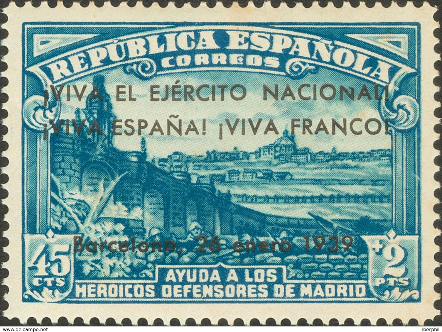 Emisiones Locales Patrióticas, Barcelona. *23. 1939. 45 Cts+2 Pts Azul. MAGNIFICO Y MUY RARO. - Andere & Zonder Classificatie