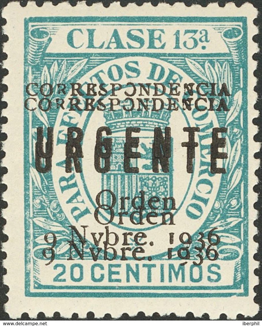 Emisiones Locales Patrióticas, Burgos. **50hh. 1936. 20 Cts Verde. Variedad SOBRECARGA DOBLE. MAGNIFICO. Edifil 2017: +7 - Autres & Non Classés