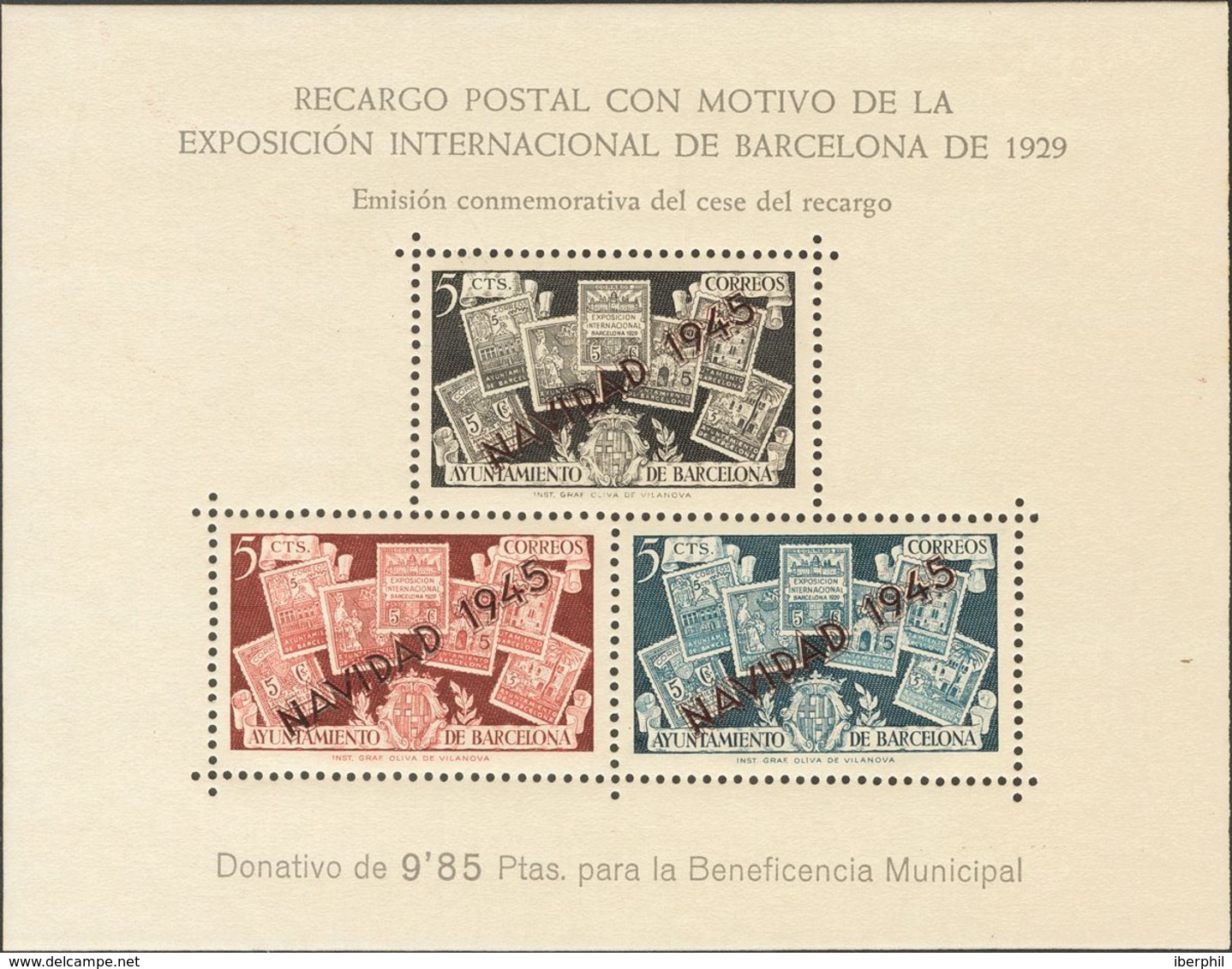 Ayuntamiento De Barcelona. **NE31. 1945. Hoja Bloque. NO EMITIDA. MAGNIFICA. Edifil 2020: 55 Euros - Barcelona