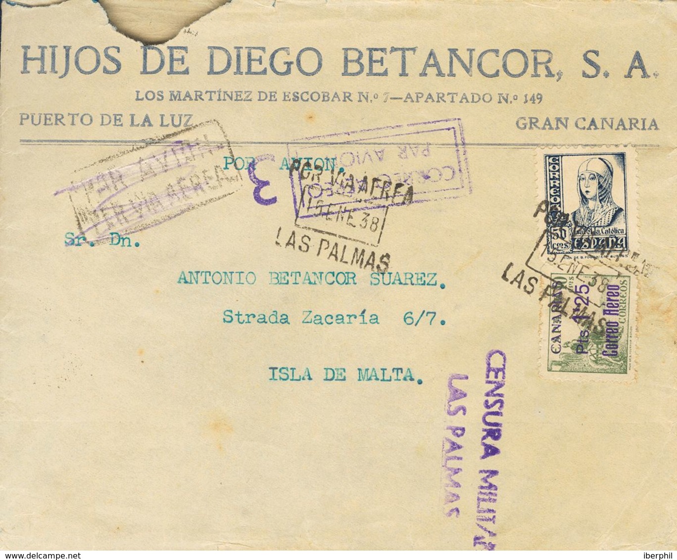 Canarias. Sobre 39, 825. 1938. 1'25 Pts Sobre 10 Cts Verde Y 50 Cts Azul. Correo Aéreo De LAS PALMAS DE GRAN CANARIA A M - Andere & Zonder Classificatie