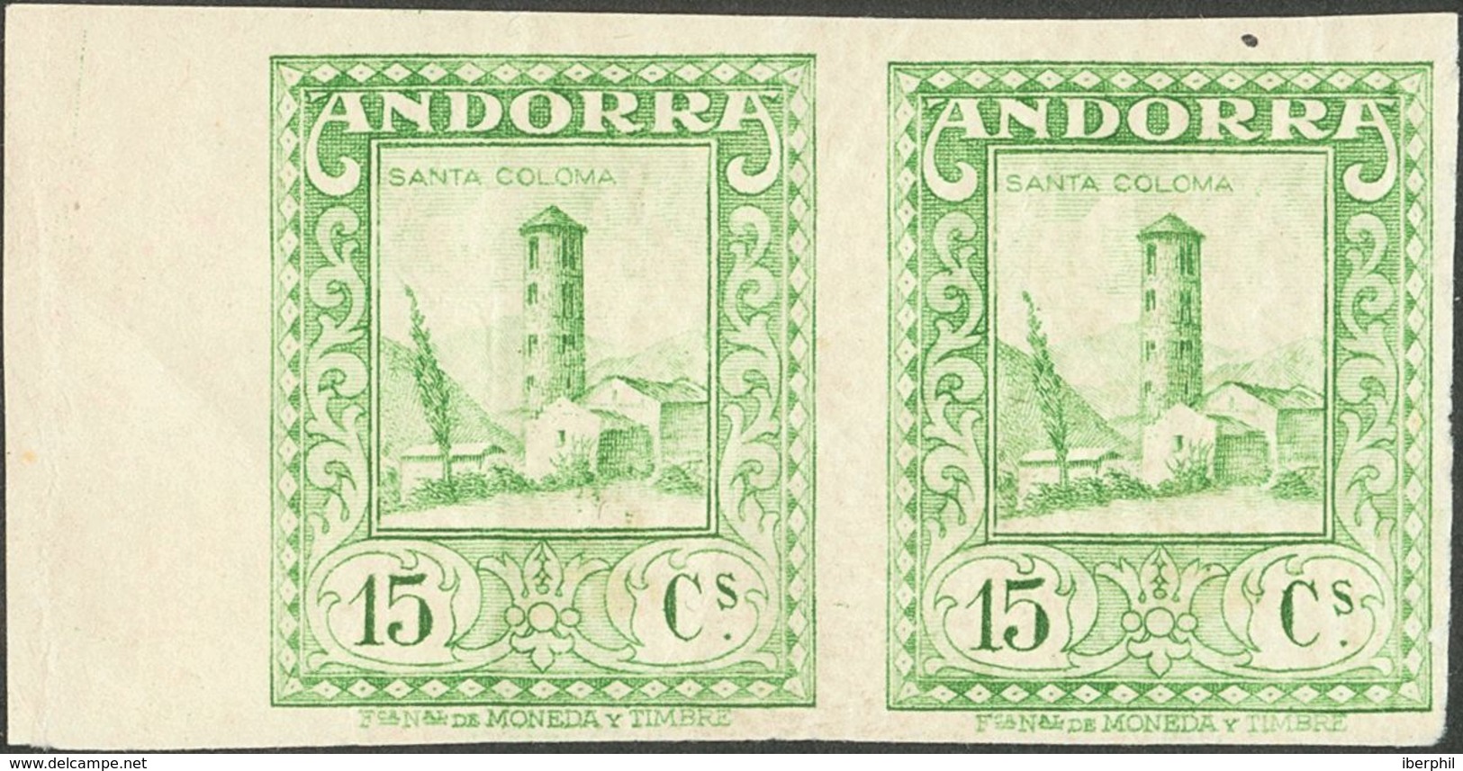 Andorra. **18ccs(2). 1929. 15 Cts Verde Amarillo, Pareja, Borde De Hoja. CAMBIO DE COLOR Y SIN DENTAR. MAGNIFICA Y MUY R - Andere & Zonder Classificatie