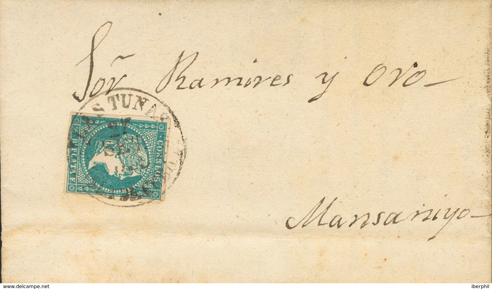 Cuba. Sobre Ant.7. 1859. ½ Real Azul. RIO ABAJO A MANZANILLO. Matasello Baeza LAS TUNAS / ISLA DE CUBA, En Negro. MAGNIF - Cuba (1874-1898)