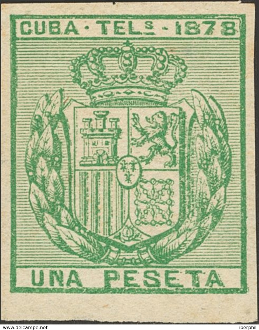 Cuba, Telégrafos. *43s. 1878. 1 Pts Verde Amarillo. SIN DENTAR. MAGNIFICO. - Cuba (1874-1898)