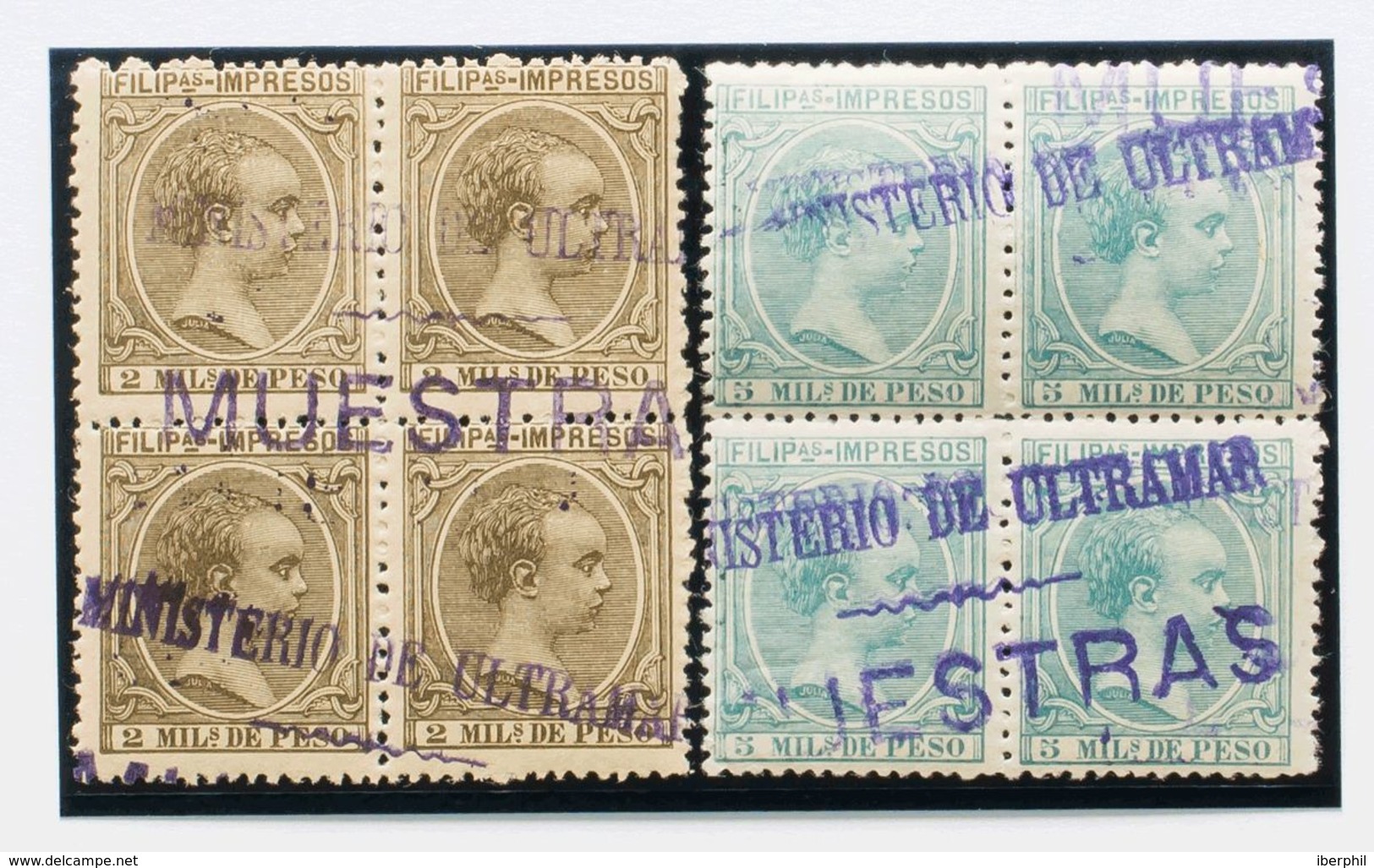 Filipinas. **106M(4), 111M(4). 1894. 2 Mils Gris Oliva Y 5 Mils Verde Claro, Bloques De Cuatro. Sobrecarga MINISTERIO DE - Andere & Zonder Classificatie