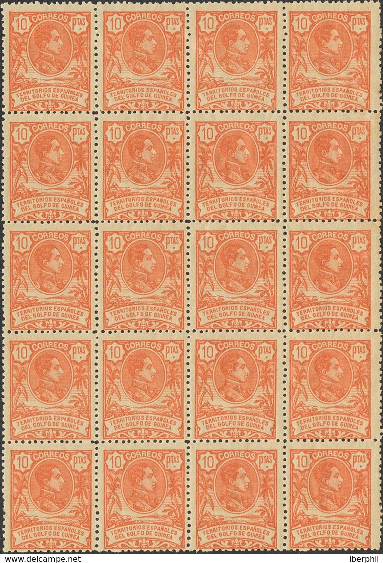 Guinea. **/*71(20). 1909. 10 Pts Naranja, Bloque De Veinte (tres Sellos Con Fijasellos). MAGNIFICO Y RARO. Edifil 2020:  - Andere & Zonder Classificatie