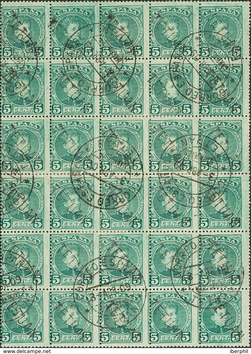 Marruecos. º16hx(30). 1908. 5 Cts Verde, Bloque De Treinta. SOBRECARGA DE ARRIBA A ABAJO. MAGNIFICO Y RARISIMO BLOQUE, S - Andere & Zonder Classificatie