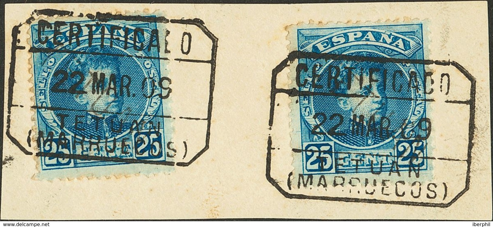 Marruecos. º20hx(2). 1908. 25 Cts Azul, Dos Sellos Sobre Fragmento. SOBRECARGA DE ARRIBA A ABAJO E Inutilizado Con El Ma - Andere & Zonder Classificatie