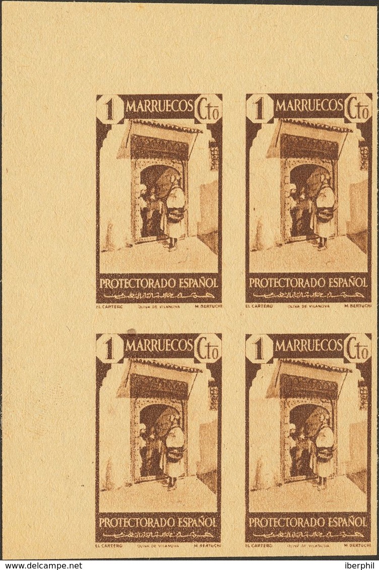Marruecos. (*)200P(4). 1940. 1 Cts Castaño, Bloque De Cuatro, Esquina De Pliego. ENSAYO DE COLOR, Sobre Papel Poroso. MA - Andere & Zonder Classificatie