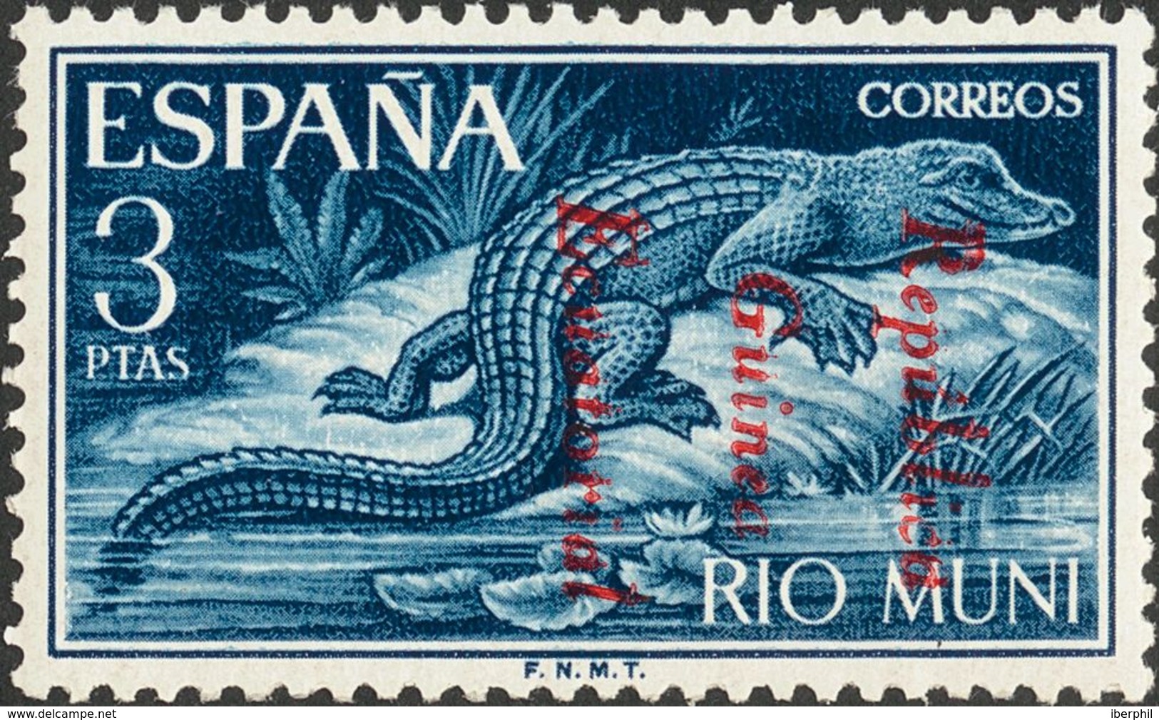 Río Muni. **54. 1964. 3 Pts Azul Violeta. Sobrecarga REPUBLICA / GUINEA / ECUATORIAL, En Rojo De Iniciativa Privada. MAG - Andere & Zonder Classificatie