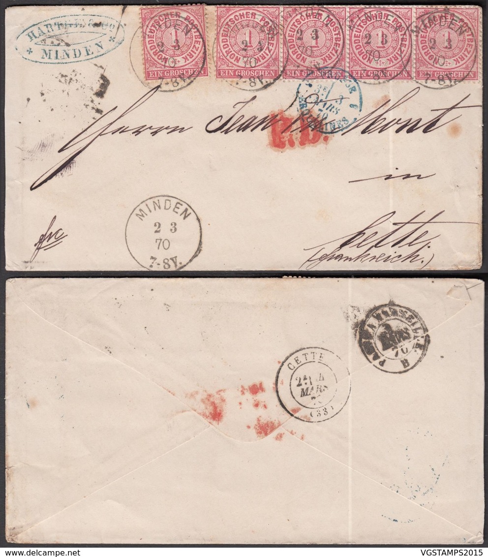 Allemagne-Lettre Yv.15x5 Dont Bande De 4 De Minden 2/3/1870 Vers Cette-Cachet Ambulant "Paris à Marseille (RD240)DC5754 - Autres & Non Classés