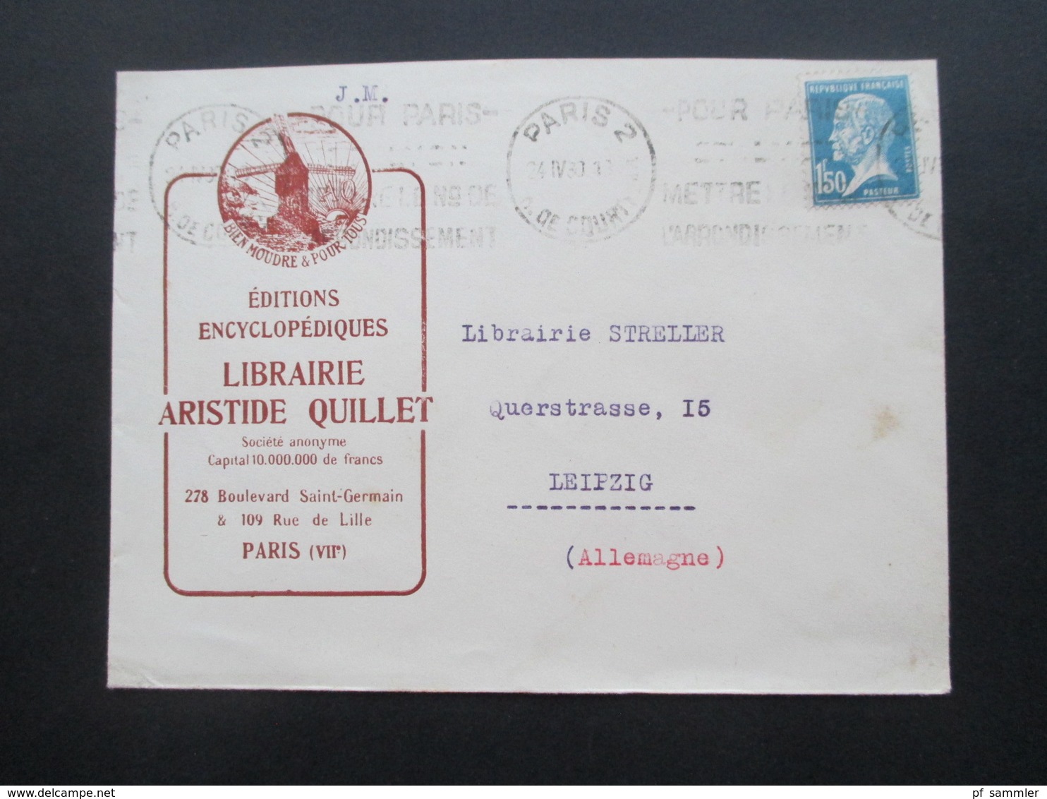 Frankreich 1930 Dekorativer Firmenumschlag Windmühle Edtions Encyclopdiques Libraire Aristide Quillet Nach Leipzig - Cartas & Documentos